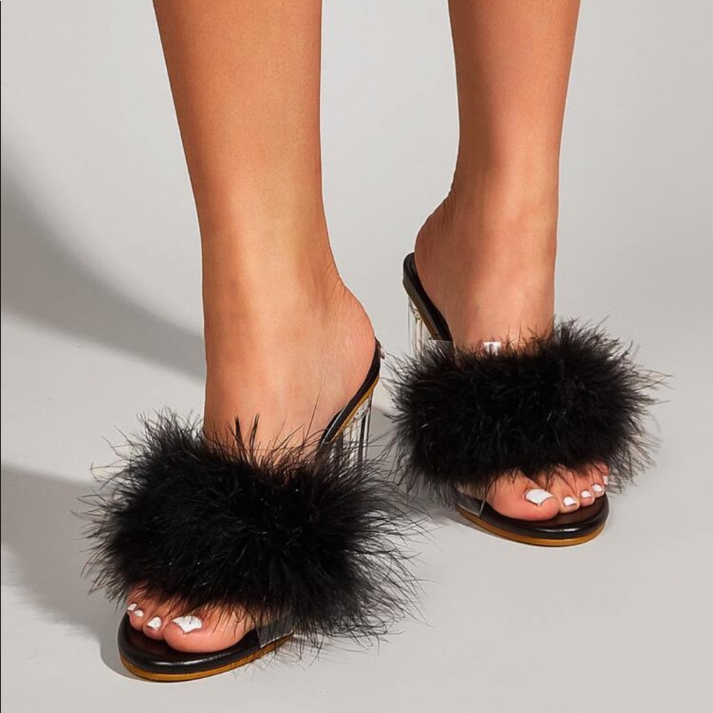 Fluffy clear heel mule brand new